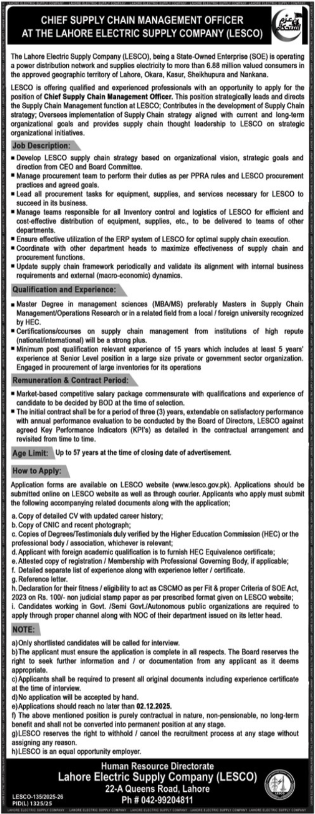 Lahore Electric Supply Company LESCO Job Advertise 2025