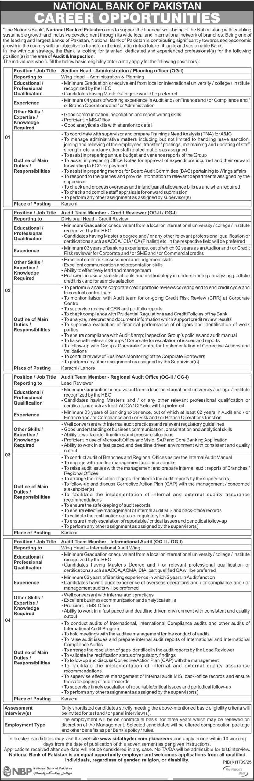 Latest National Bank of Pakistan NBP Karachi Jobs 2025 Advertise
