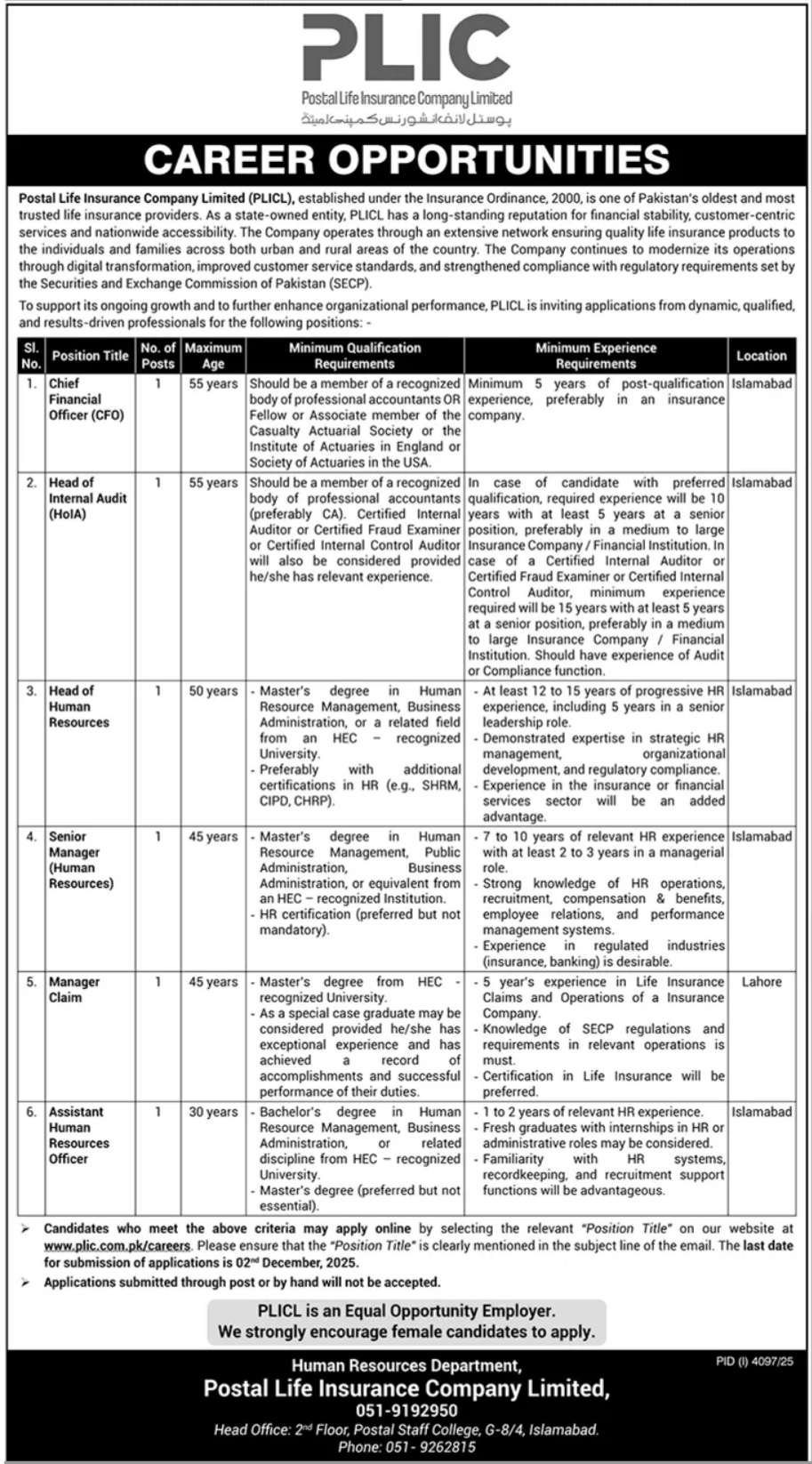 Latest Postal Life Insurance Company Jobs 2025 Islamabad