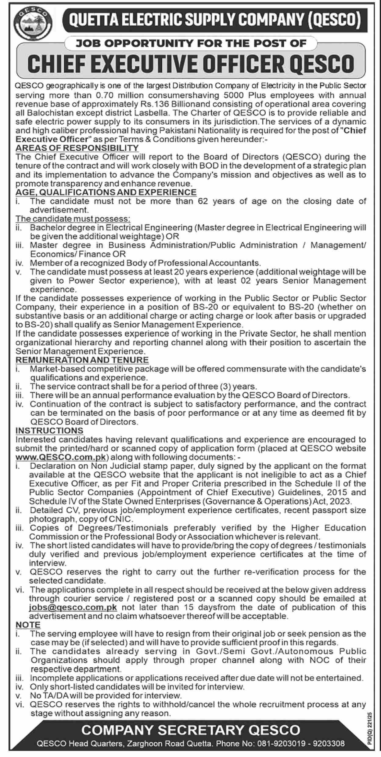 New Job At Quetta Electric Supply Company QESCO
