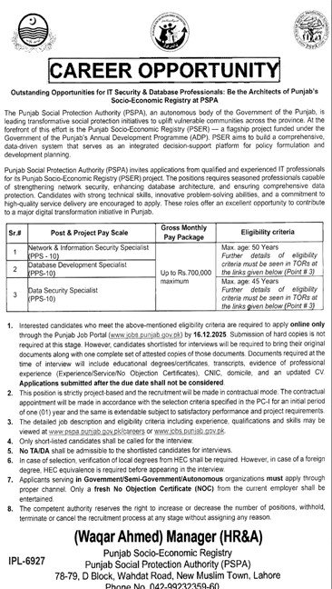 PSPA Lahore Jobs 2025, Punjab Social Protection Authority